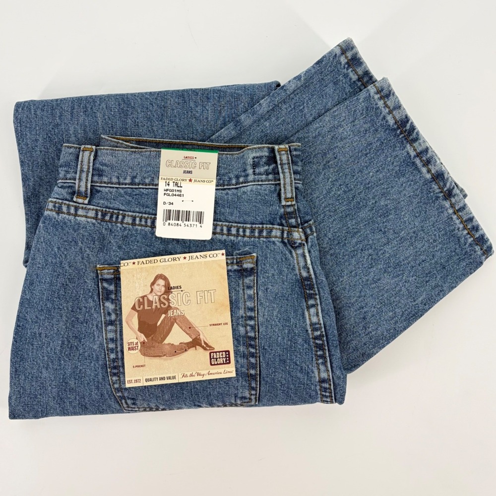 Faded Glory Classic Fit Jeans High Rise Stonewash 34x34 Straight 14 Tall Western